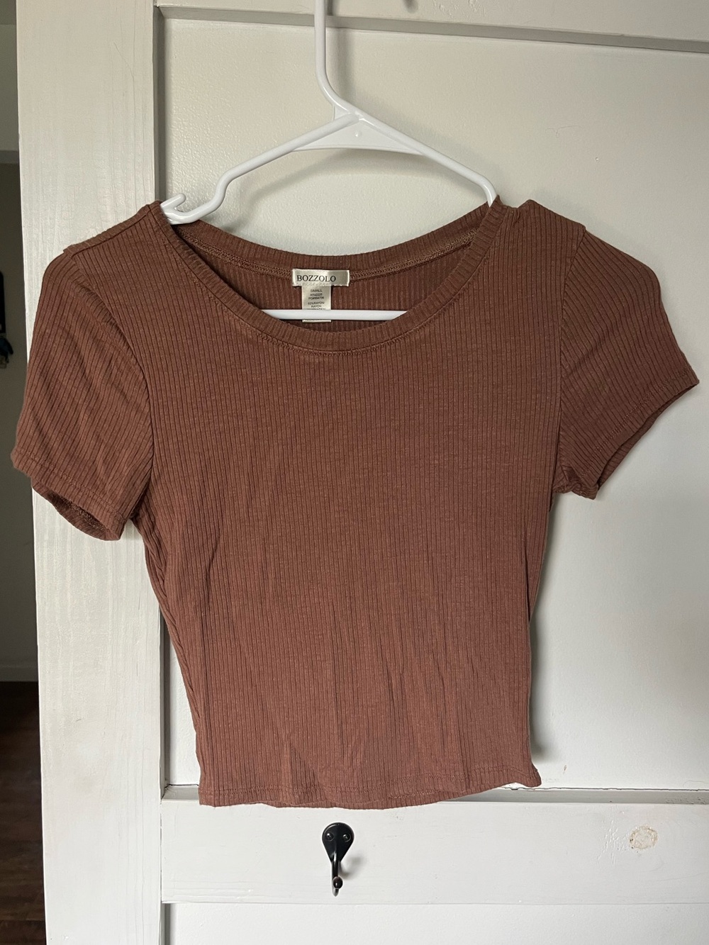 Bozzolo Ribbed Short Sleeve Crop Top in Rust Brown